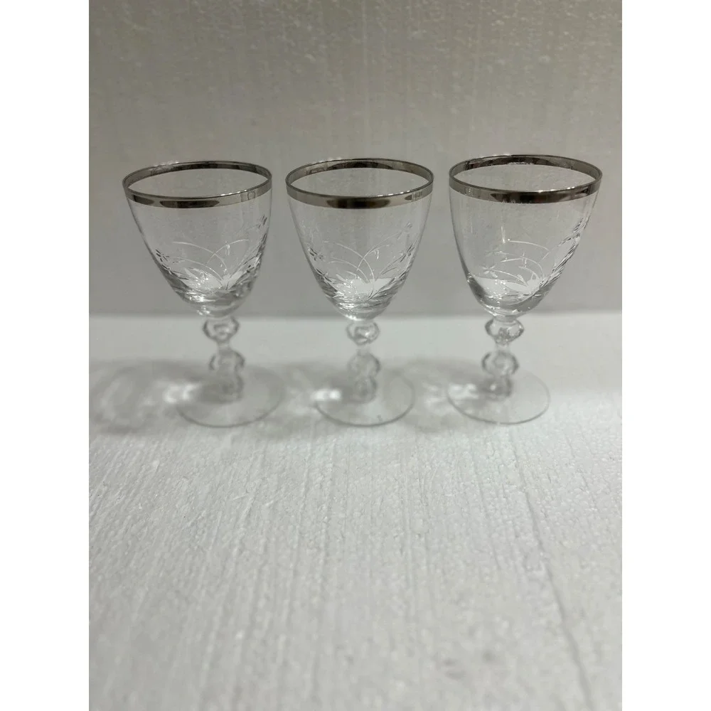 Wine Glasses 3 Floral Etched‎ Rimmed With Silver-Like Material